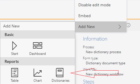 The image shows how to add the dictionary process from the Portal level